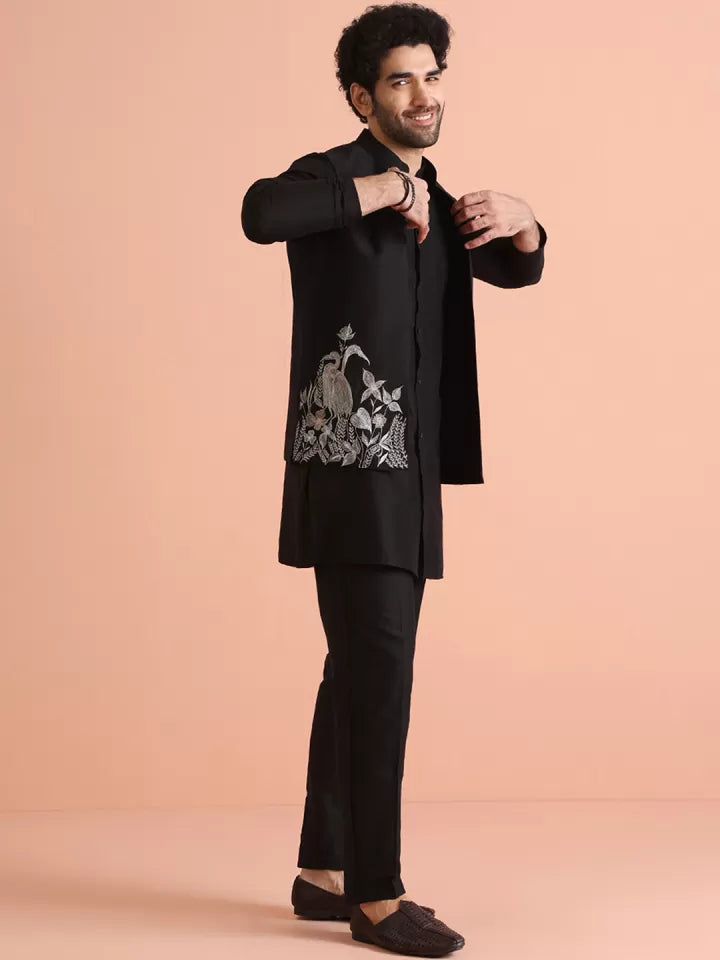 Black embroidered sadri for men with silver crane motif – festive ethnic wear from Tejori
