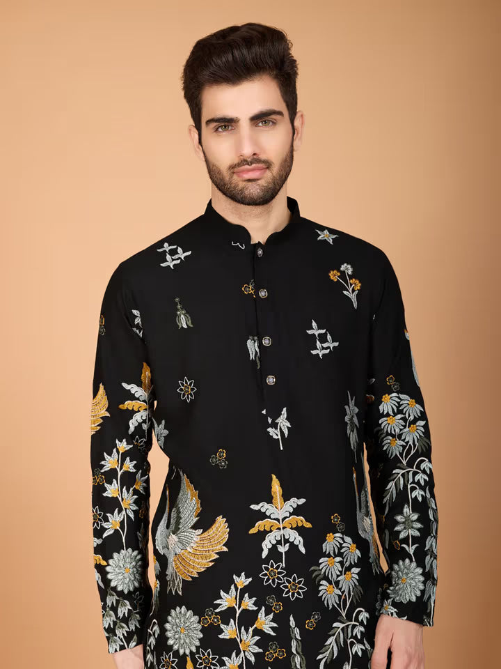 Front view of men’s black printed kurta – Tejori festive wear