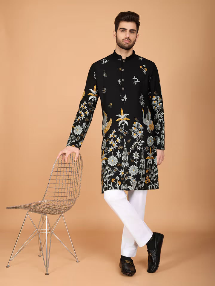 Front view of men’s black printed kurta – Tejori festive wear