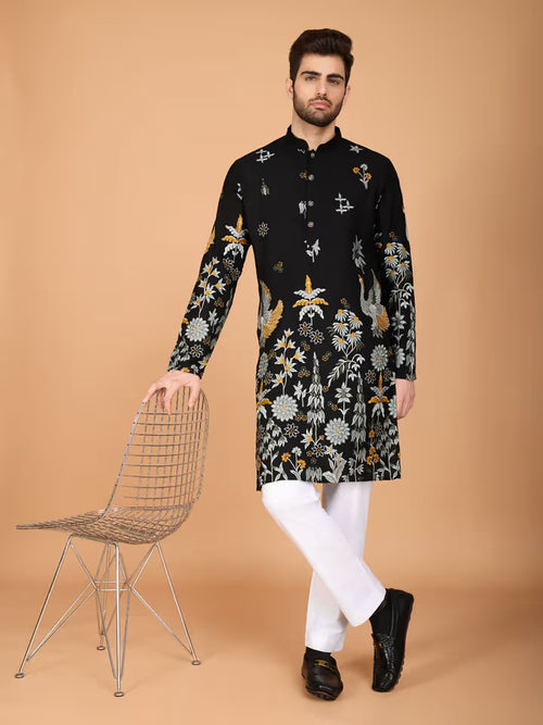 Front view of men’s black printed kurta – Tejori festive wear
