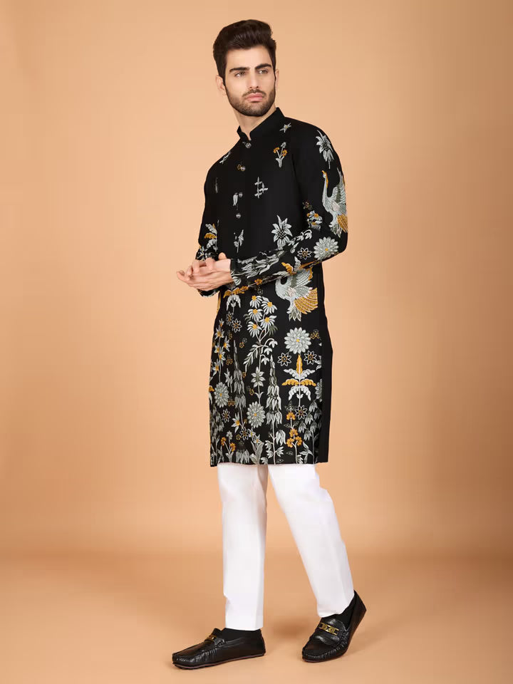 Front view of men’s black printed kurta – Tejori festive wear