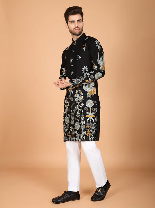 Front view of men’s black printed kurta – Tejori festive wear