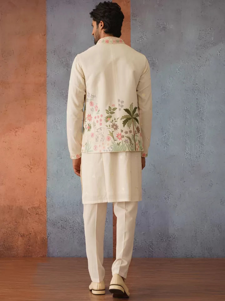 Cream Sadri with Tropical Palm Embroidery – Festive Look | Tejori