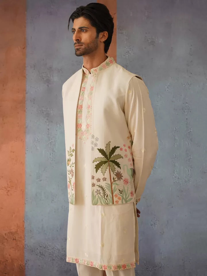 Cream Sadri with Tropical Palm Embroidery – Festive Look | Tejori