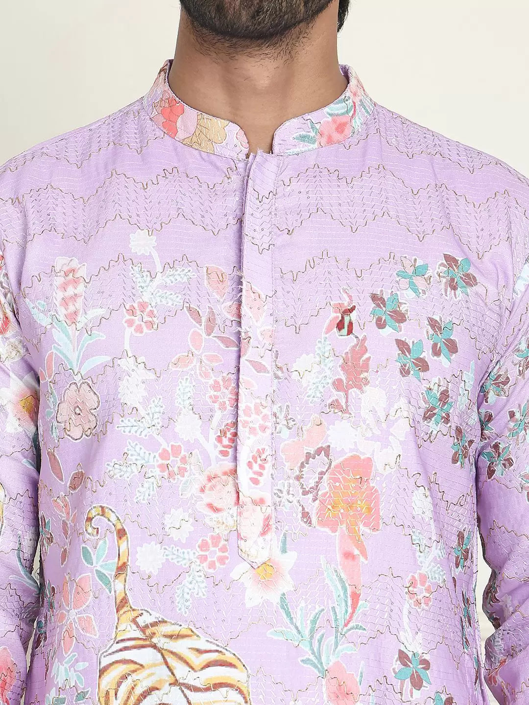 Lavender Embroidered Kurta for Men – Festive & Wedding Wear with Tiger Motif