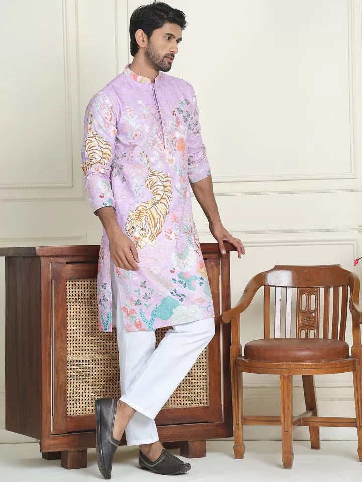 Lavender Embroidered Kurta for Men – Festive & Wedding Wear with Tiger Motif