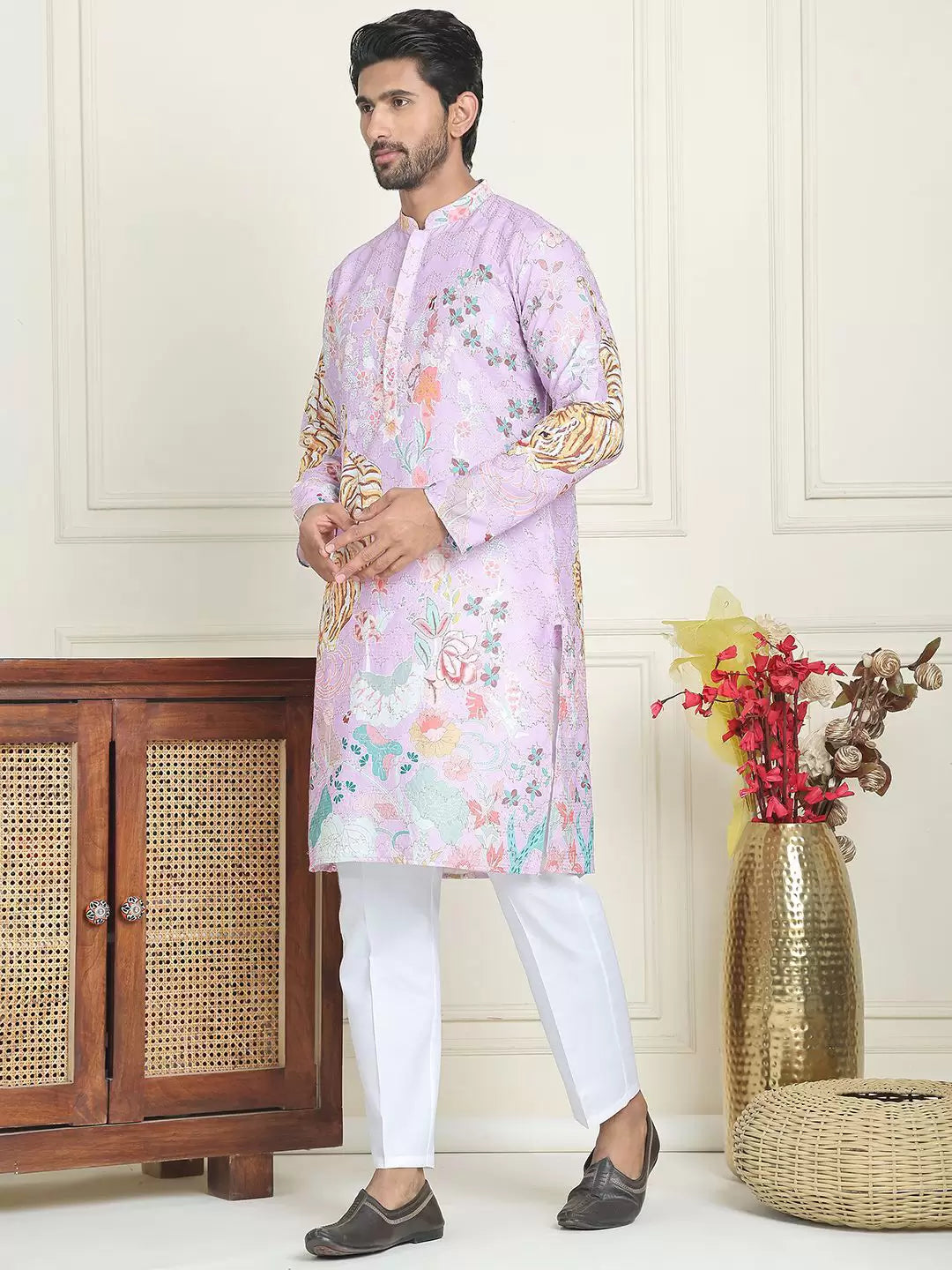 Lavender Embroidered Kurta for Men – Festive & Wedding Wear with Tiger Motif