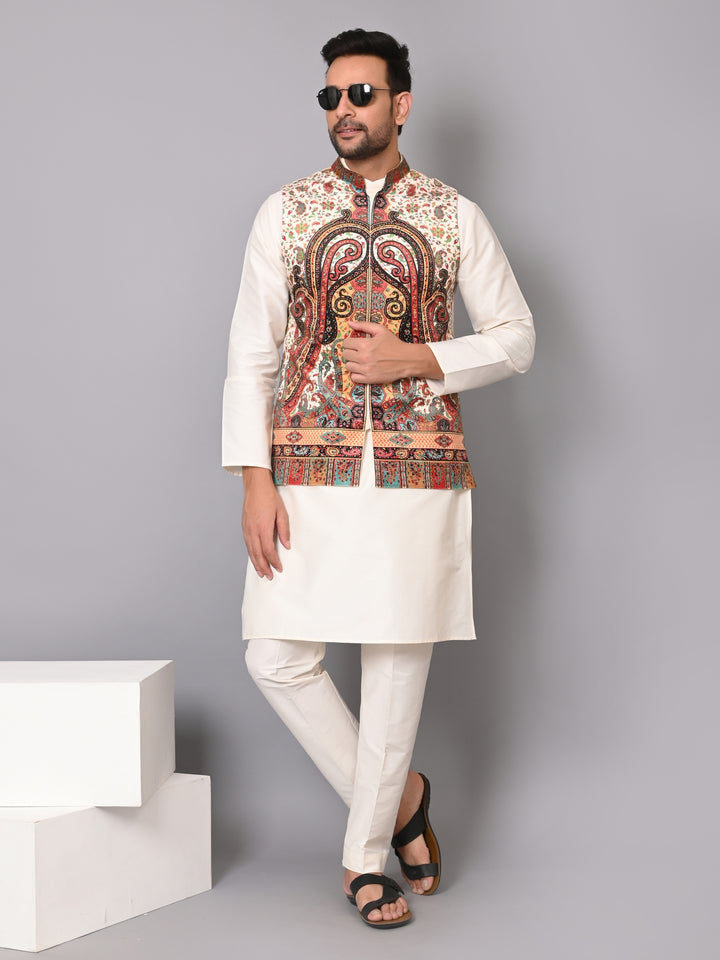 Man wearing a traditional kurta with an embroidered jacket on a gray background