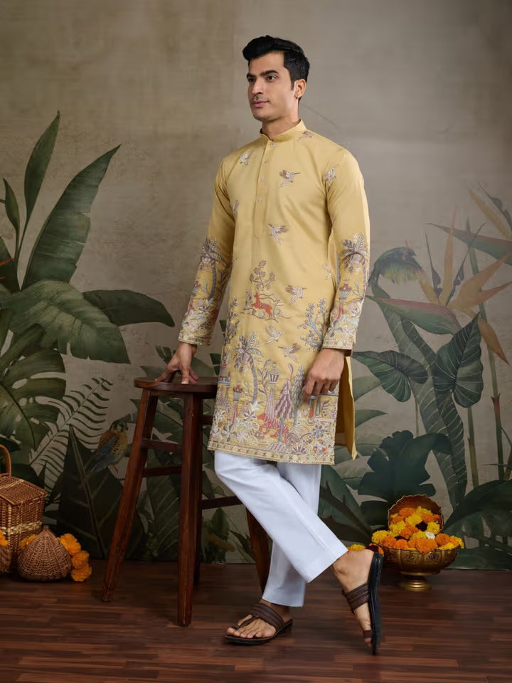 Model wearing a mustard yellow embroidered kurta with white pajama – ideal for wedding and festive occasions