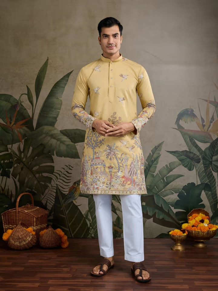 Man wearing a traditional yellow kurta with white pants in a decorated setting with plants and decorative items.