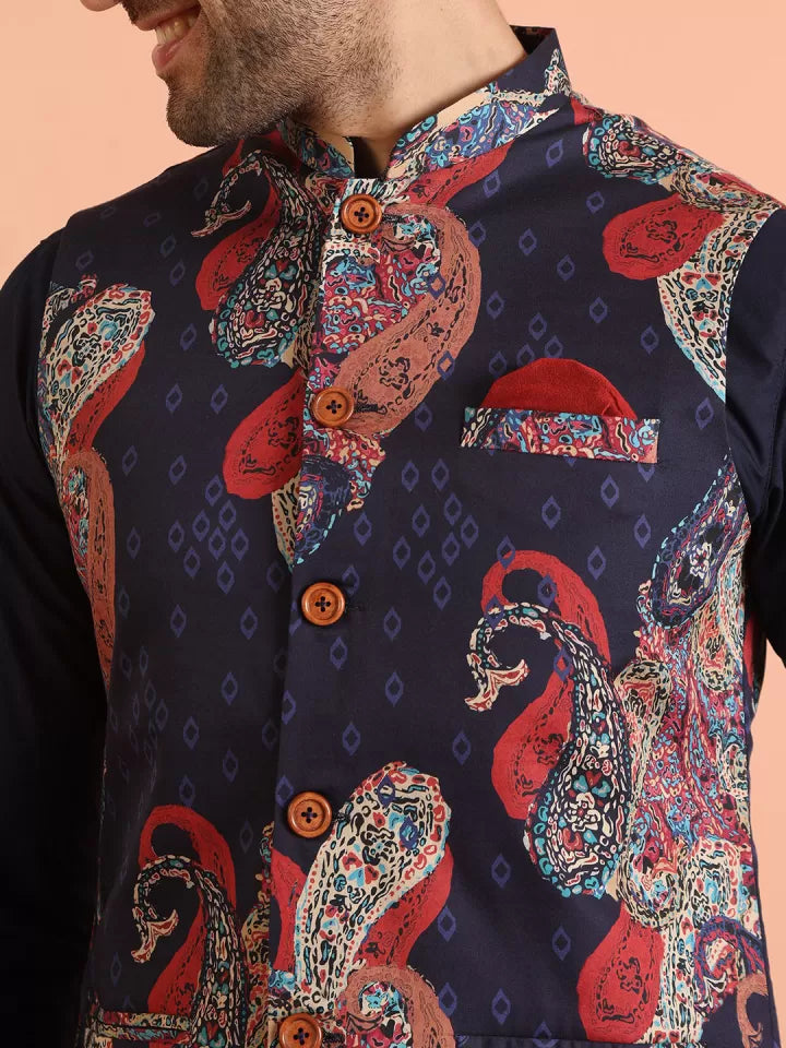 “Navy blue Sadri for men with vibrant paisley print – festive ethnic wear from Tejori”