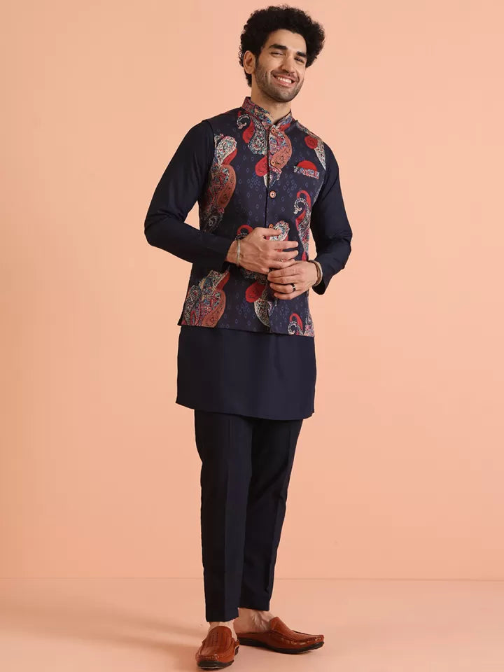 “Navy blue Sadri for men with vibrant paisley print – festive ethnic wear from Tejori”