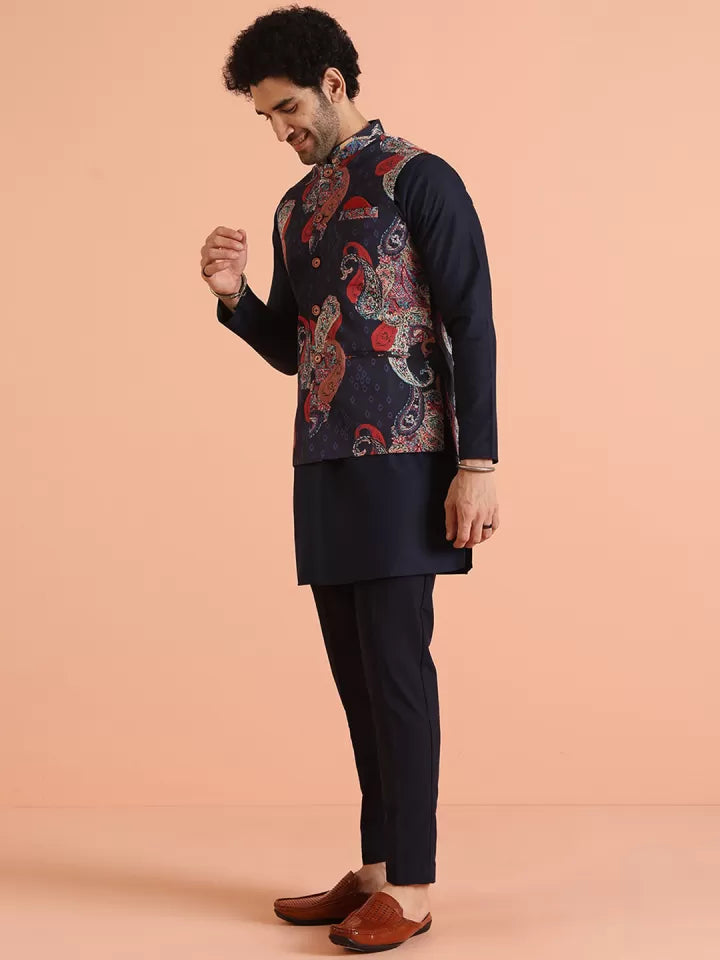 “Navy blue Sadri for men with vibrant paisley print – festive ethnic wear from Tejori”