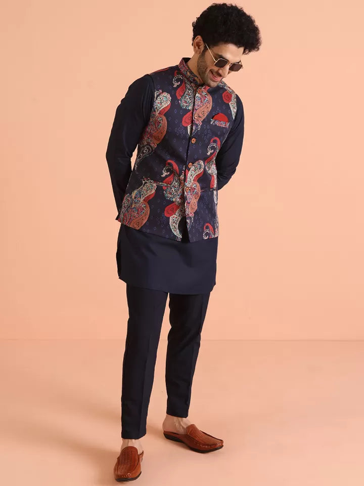 “Navy blue Sadri for men with vibrant paisley print – festive ethnic wear from Tejori”