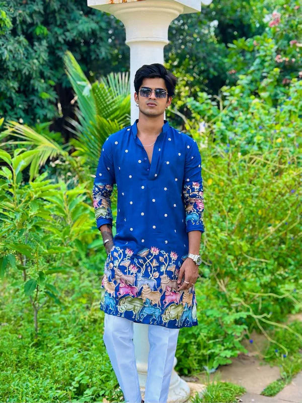 Men’s Royal Blue Printed Kurta with Animal and Lotus Design – Festive Wear”