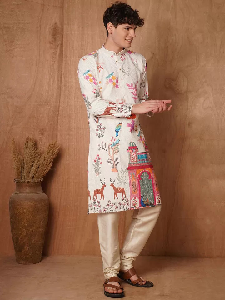 Designer White Shifly Cotton Printed Kurta for Men – Festive Wear by TEJORI”