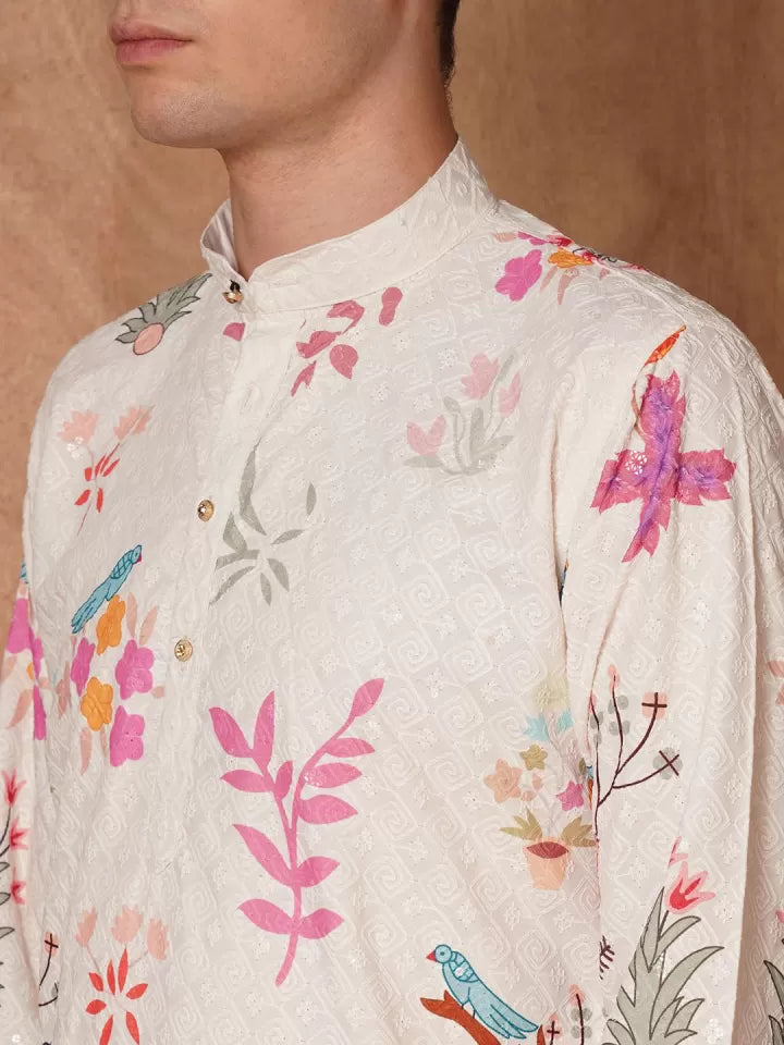 Designer White Shifly Cotton Printed Kurta for Men – Festive Wear by TEJORI”