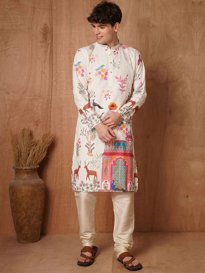 Designer White Shifly Cotton Printed Kurta for Men – Festive Wear by TEJORI”