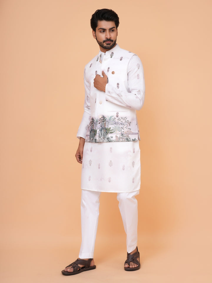 White floral printed sadri for men – festive ethnic wear layered on kurta