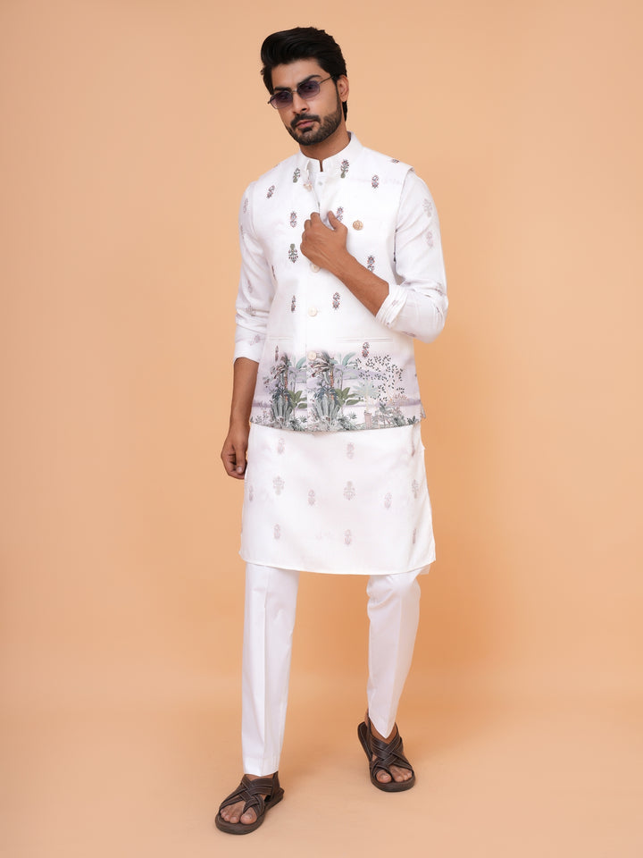 White floral printed sadri for men – festive ethnic wear layered on kurta