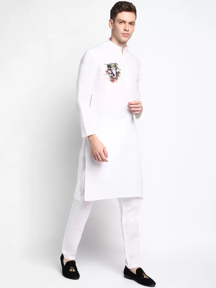 White kurta for men with artistic lion print – festive ethnic wear