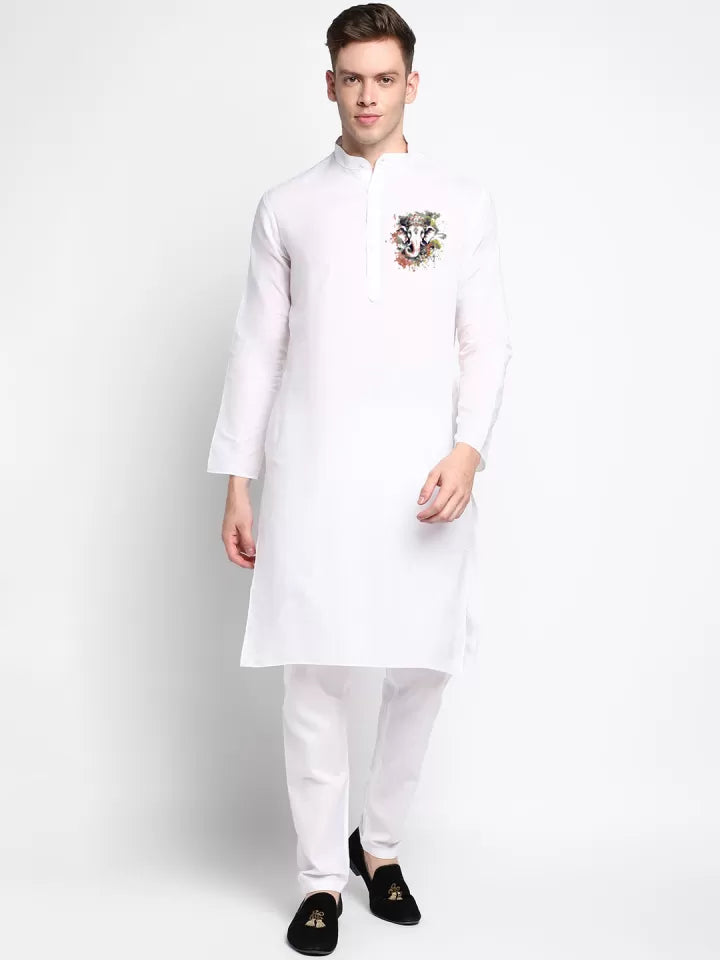 White kurta for men with artistic lion print – festive ethnic wear
