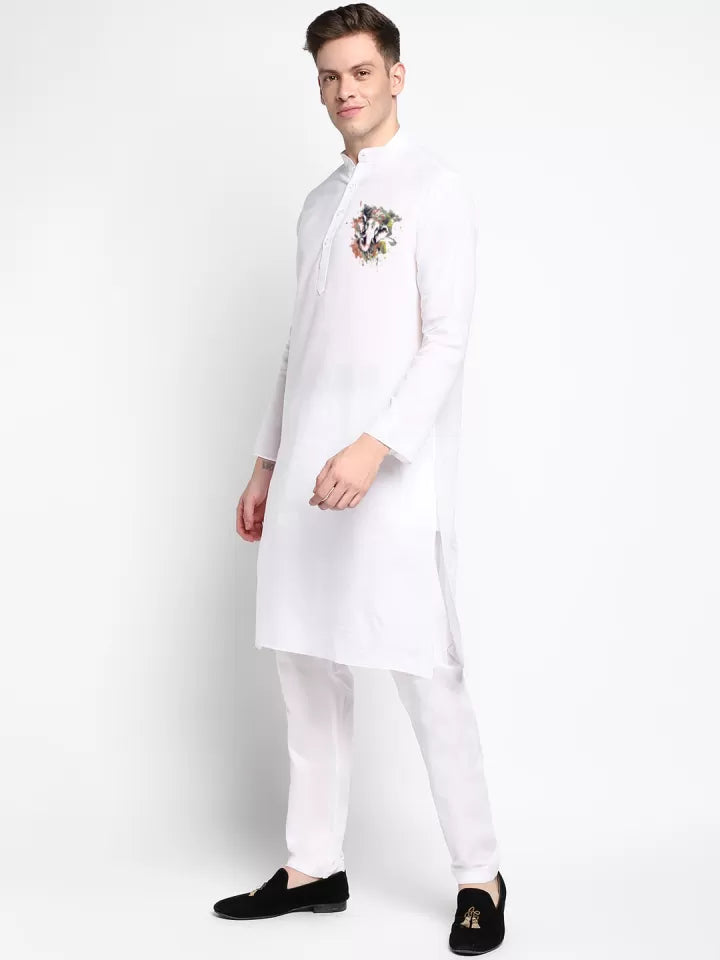 White kurta for men with artistic lion print – festive ethnic wear