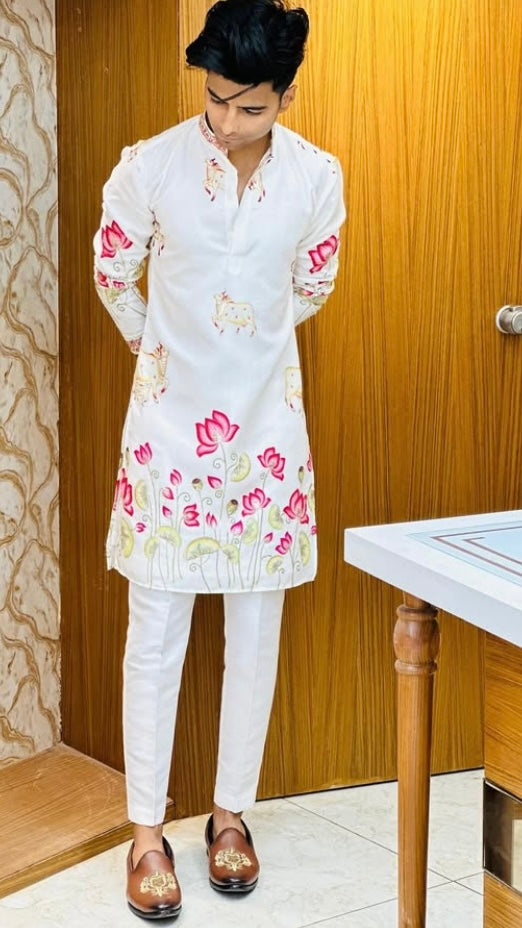 Man Wearing White Kurta with Red Lotus and Cow Print – Ethnic Look for Janmashtami & Ganesh Chaturthi