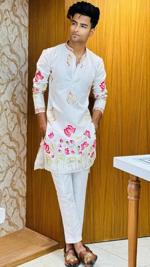 Man Wearing White Kurta with Red Lotus and Cow Print – Ethnic Look for Janmashtami & Ganesh Chaturthi