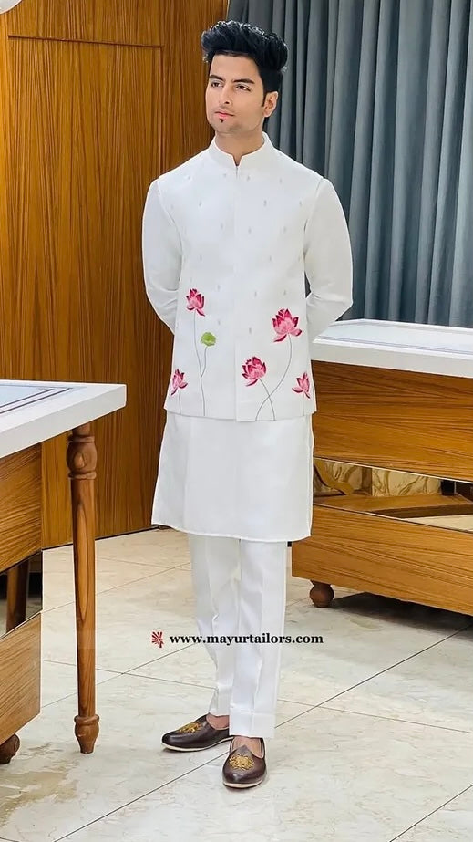 White Lotus Embroidered Sadri and Kurta Set for Men - Festive Ethnic Wear