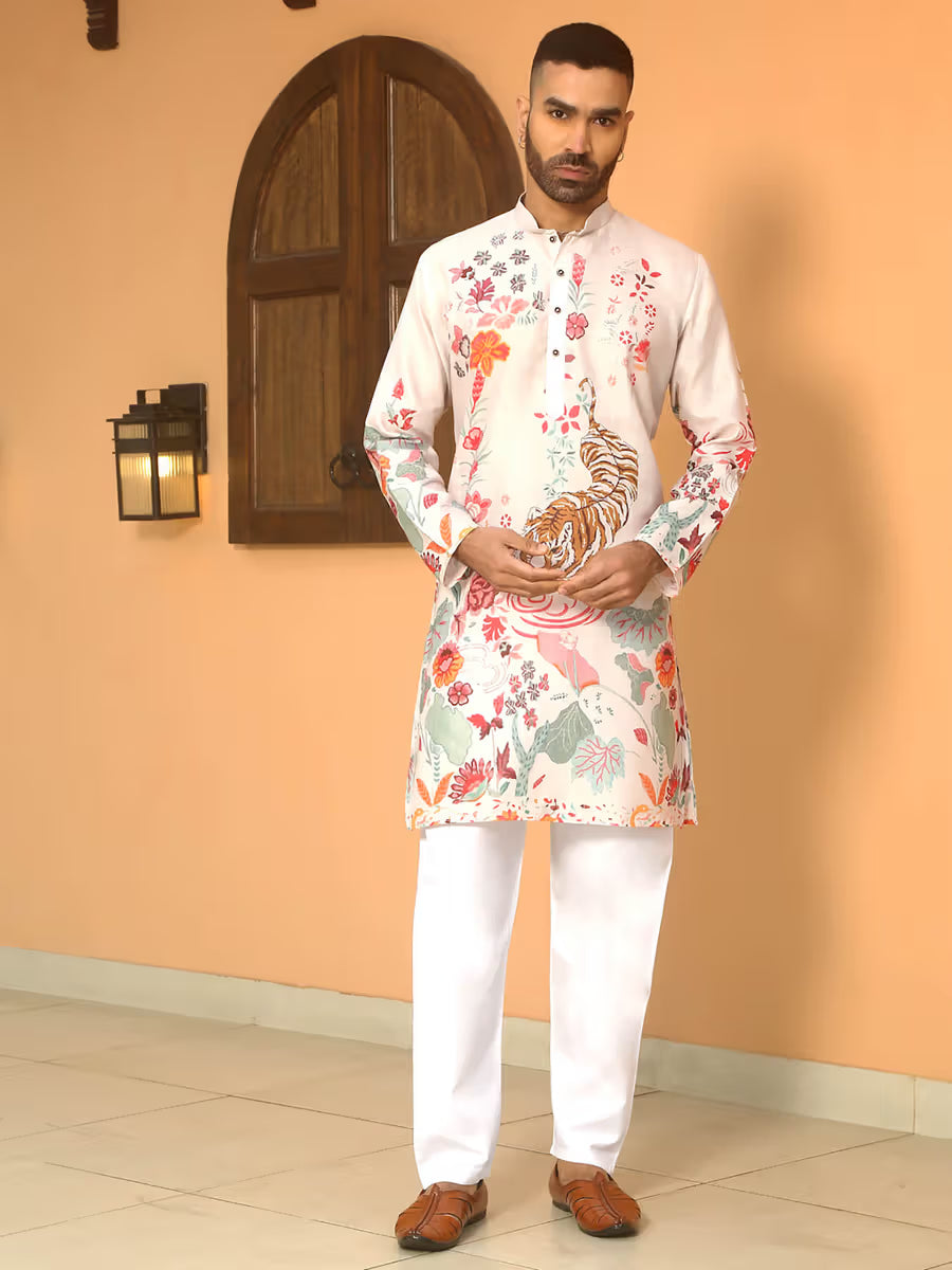 “Men’s white kurta with tiger and floral print – ethnic festive wear for weddings and traditional functions”
