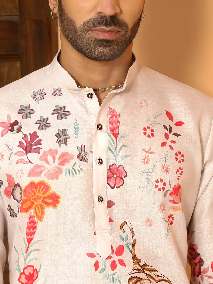 “Men’s white kurta with tiger and floral print – ethnic festive wear for weddings and traditional functions”