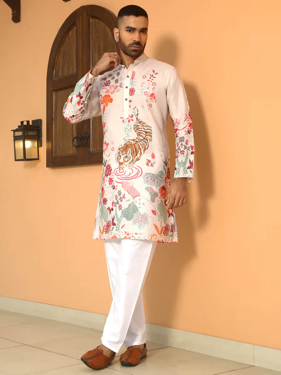 “Men’s white kurta with tiger and floral print – ethnic festive wear for weddings and traditional functions”